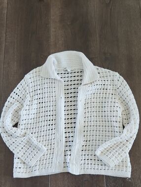 Vince Crochet Cardigan Sweater in Optic White FLAW